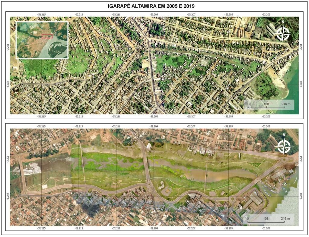 Imagem aérea compara Altamira em 2005 e 2019. Na primeira imagem de 2019, há muitas construções. Na segunda de 2005, aparecem mais áreas verdes e vazias.