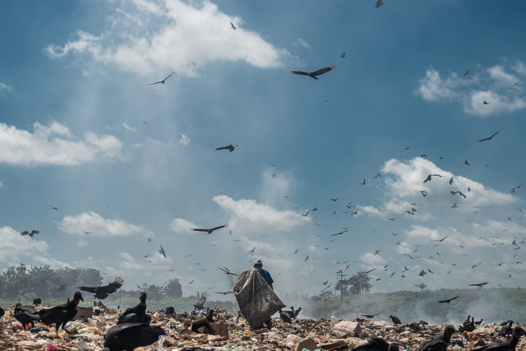 Um homem caminha de costas em um lixão. Há centenas de abutres sobrevoando o local