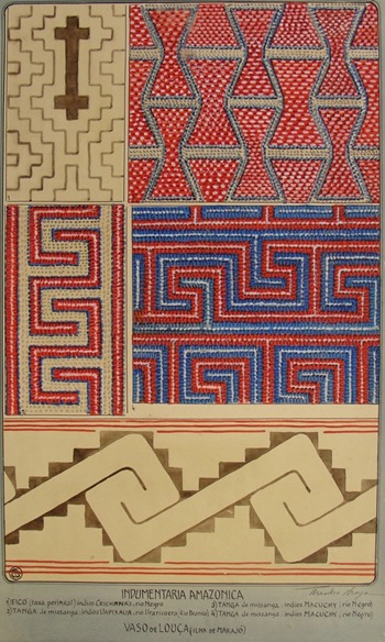 O desenho com padrões marajoaras para uso em têxteis é dividido em cinco retângulos coloridos. Os padrões geométricos se assemelham a labirintos e espirais de linhas retas, em tons de terra, areia, vermelho e azul.