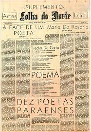 Capa do Suplemento de Artes e Letras da Folha do Norte. No papel já amarelado, texto ocupa a página inteira ao redor da manchete "Dez poetas paraenses".