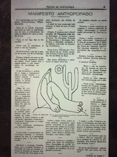 Página de revista em que foi publicada o manifesto Antropofágico. O texto cerca um decalque do quadro "Abaporu", de Tarsila do Amaral, em preto e branco.
