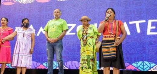 Palestrantes falam na 2ª Assembleia Mundial pela Amazônia. O palco é dominado por quatro mulheres, uma delas segurando o microfone.
