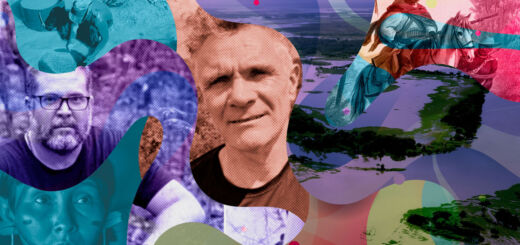 Arte colorida que mescla imagens da Amazônia e do indigenista Bruno Pereira e jornalista Dom Phillips, assassinados na floresta.