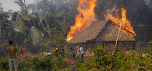 Uma casa dos Akrãntikatêjê pegando fogo