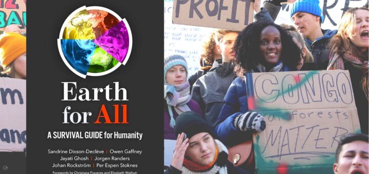 Em primeiro plano na imagem, capa do livro 'Earth For All: A Survival Guide for Humanity'. Em segundo plano, manifestantes protestam por justiça climática.
