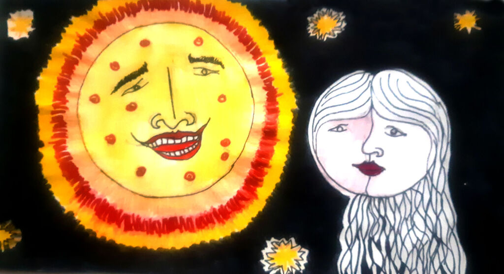 ilustração à mão de um sol com rosto, e uma mulher com rostos que se encaixam