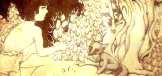 Ilustração em sépia de um homem e uma raposa