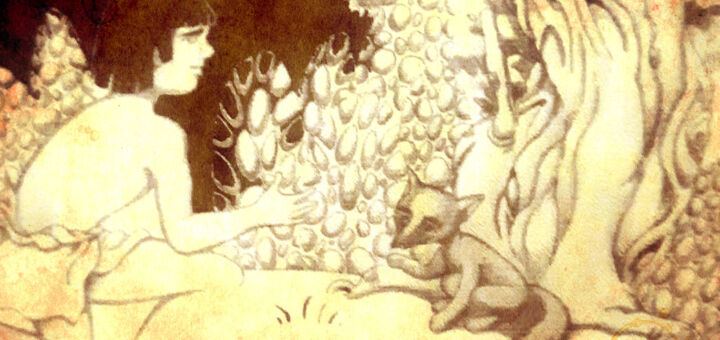 Ilustração em sépia de um homem e uma raposa