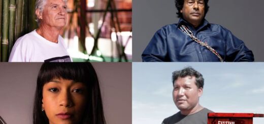 Montagem de fotos do cineasta Vincent Carelli (canto superior esquerdo), o pensador indígena Ailton Krenak (canto superior direito), a produtora indígena Jazz Mota (canto inferior esquerdo) e o cineasta indígena Takumã Kuikuro (canto inferior direito)