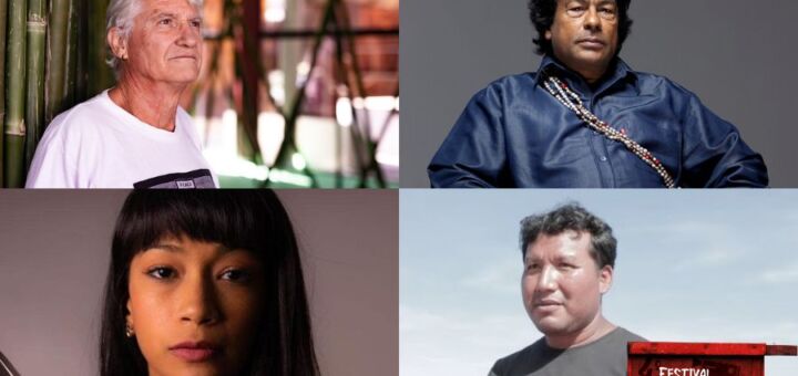 Montagem de fotos do cineasta Vincent Carelli (canto superior esquerdo), o pensador indígena Ailton Krenak (canto superior direito), a produtora indígena Jazz Mota (canto inferior esquerdo) e o cineasta indígena Takumã Kuikuro (canto inferior direito)