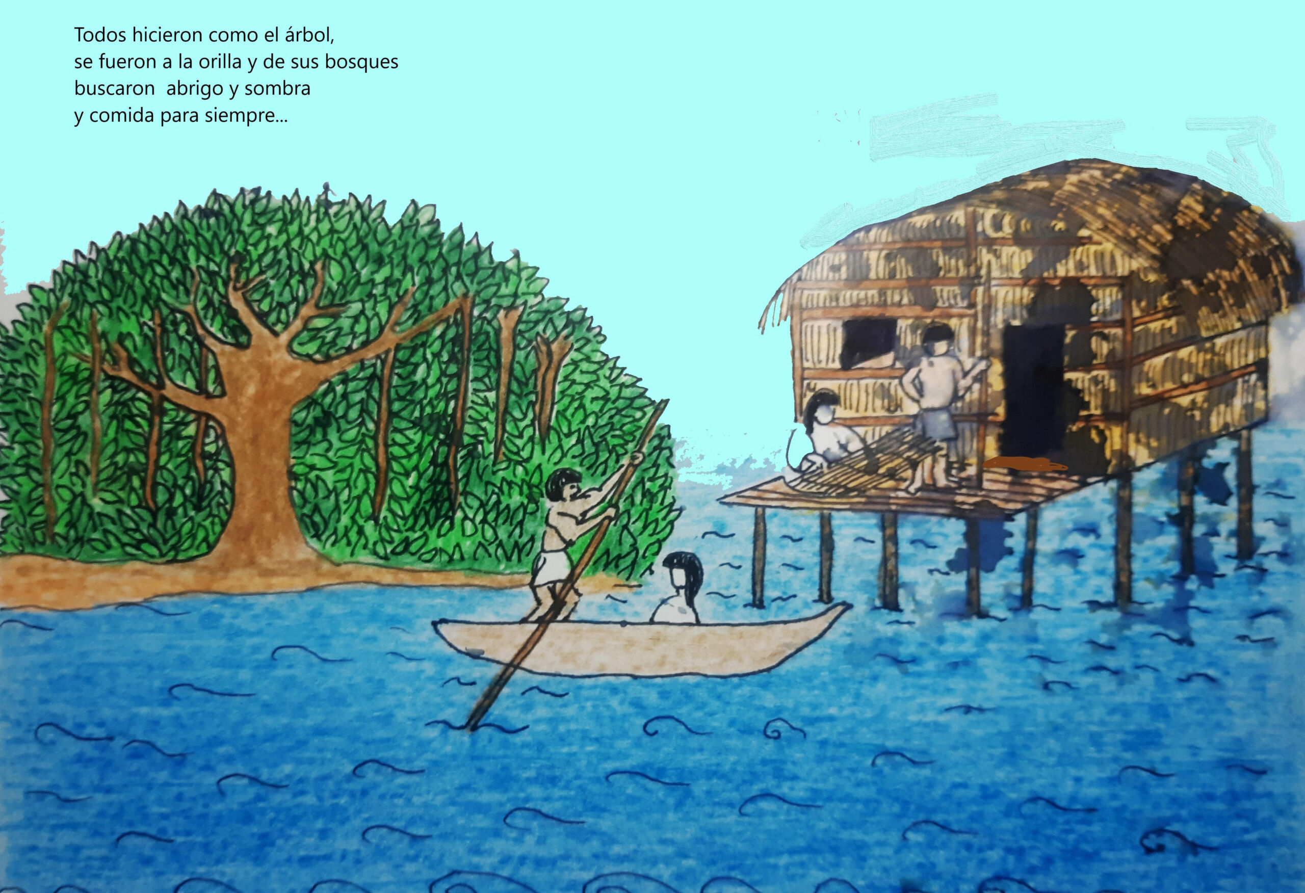 Desenho mostra indígenas navegando em um rio.