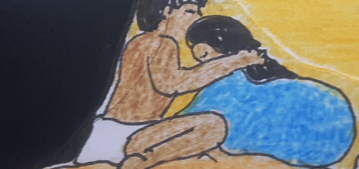 Desenho mostra reunião de casal indígena.