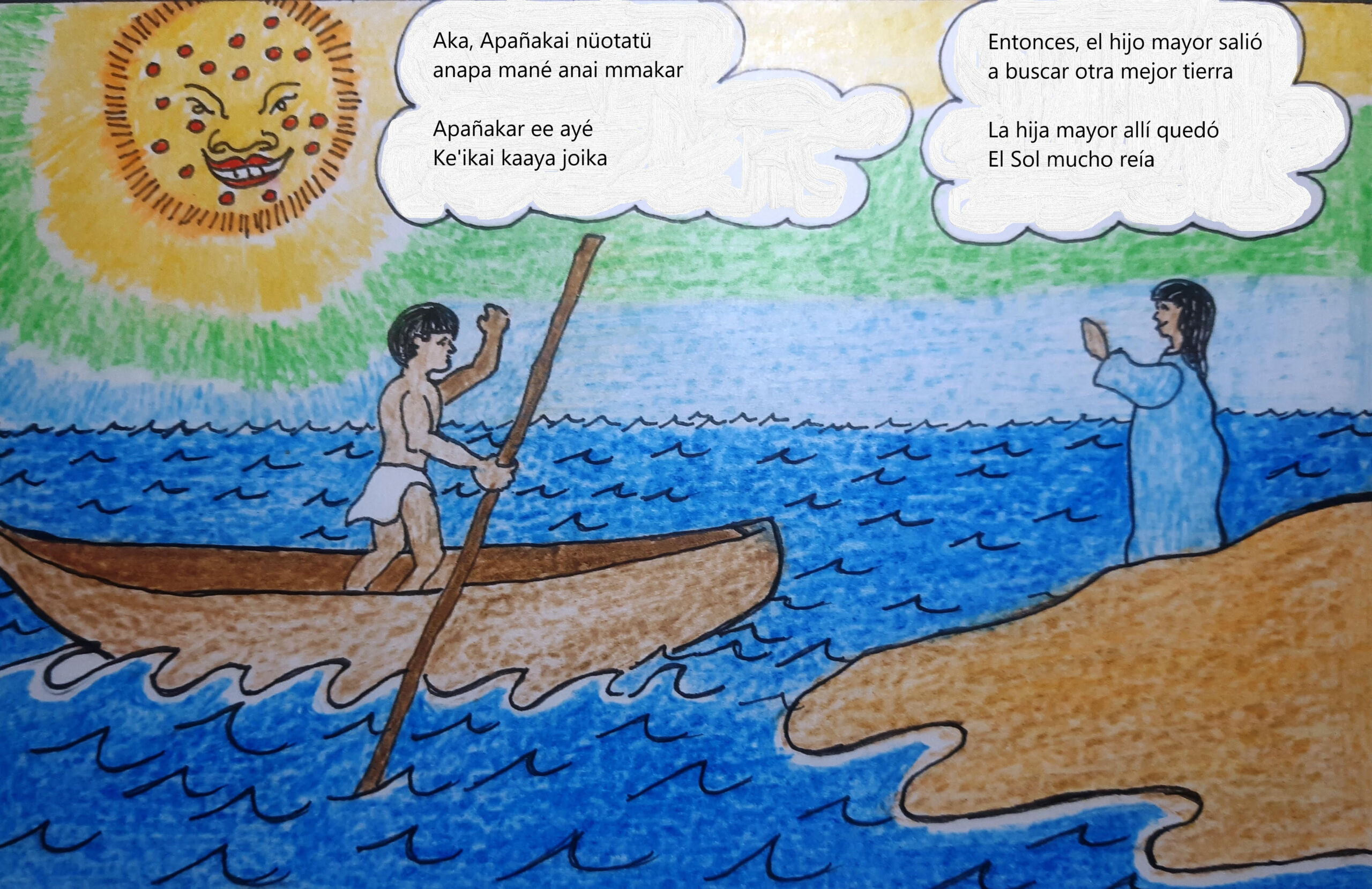 Desenho mostra indígena em canoa dizendo adeus a indígenas em terra.