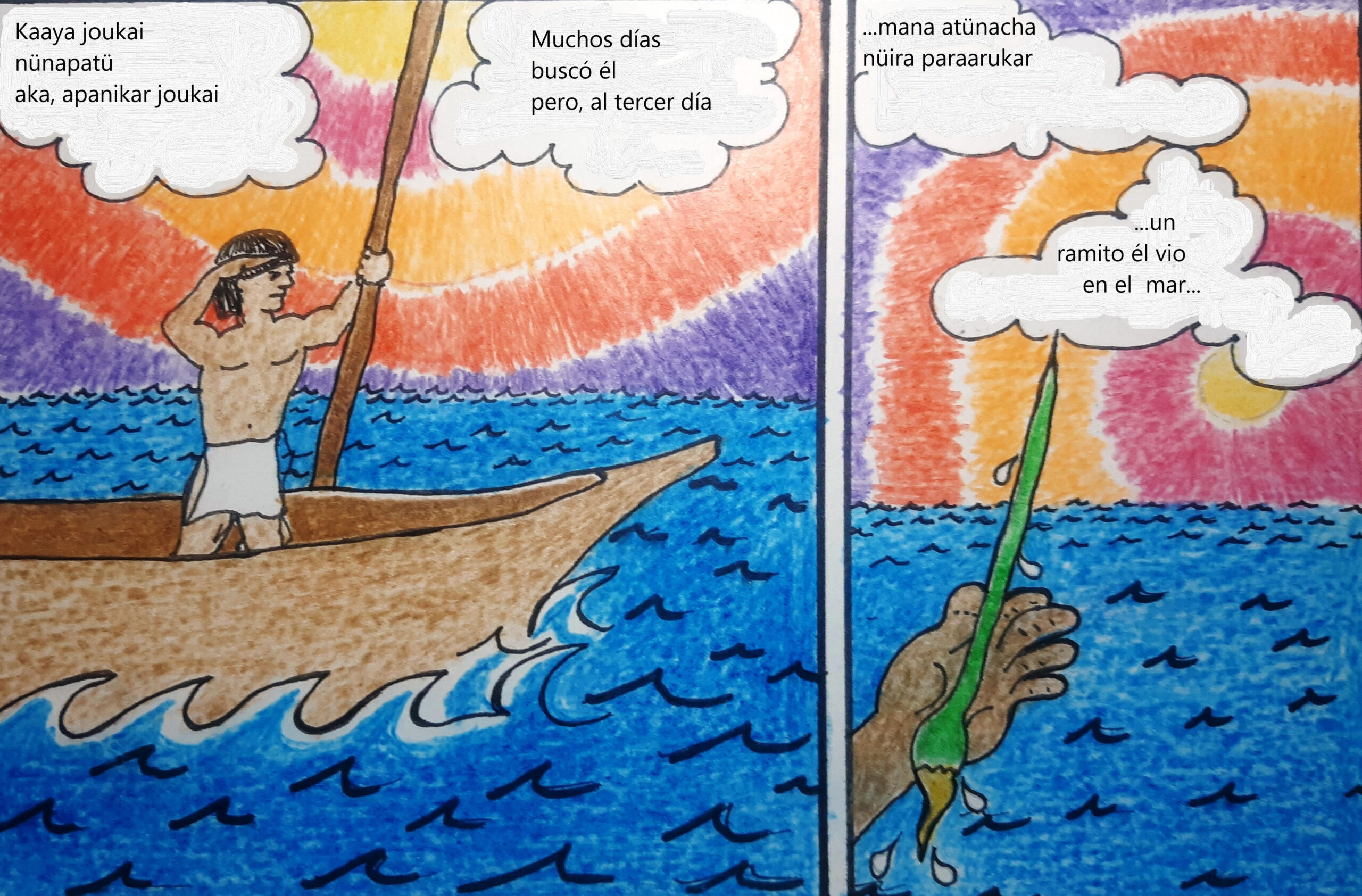 Desenho mostra indígena navegando em canoa segurando um ramo de planta.