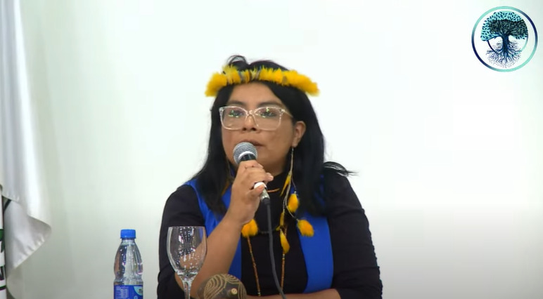 Ariene Susui falando na Mesa 1 do 3º Congresso Internacional de Cidadania Digital. Ela veste um blusa preta, um colete azul e usa colar, brinco e um adereço de cabeça tradicionais feitos com penas amarelas.