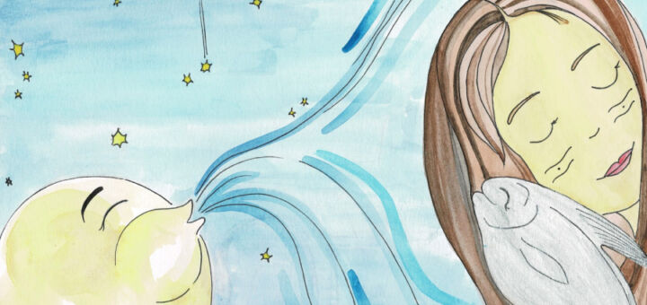 Ilustração de uma mulher abraçando um peixe.