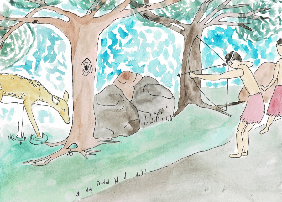 Ilustração Canto de Iramma. Um veado pasta em árvores. Um homem aponta uma flecha contra o veado