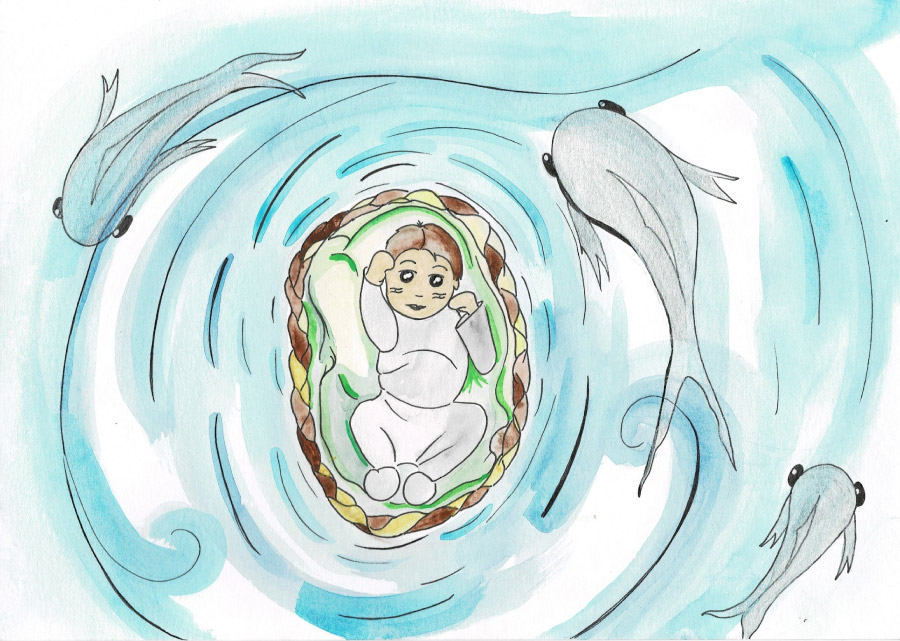 Ilustração Canto de Iramma. Criança no centro, com um peixe nadando ao seu redor.