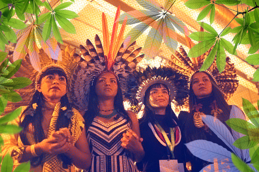Arte com foto de mulheres indígenas da Amazônia, entre folhas verdes e uma luz alaranjada, olhando para o horizonte.