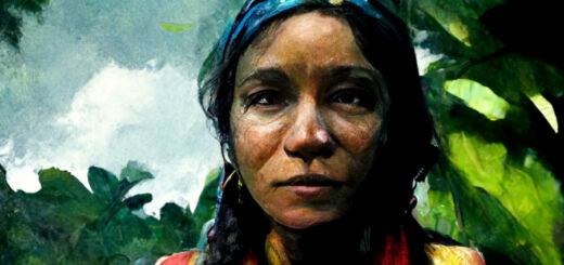 Ilustração digital de uma mulher indígenas segurando um celular no meio da floresta. Ela está com o cabelo trançado, usa uma faixa azul na cabeça e veste um colete vermelho e amarelo por cima de uma blusa preta.