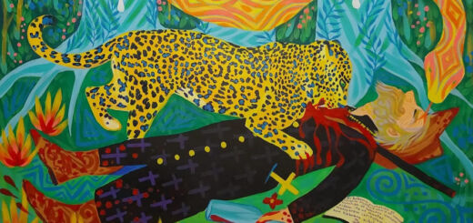 Illustration of a jaguar biting a priest in a forest and a snake healing the priest.