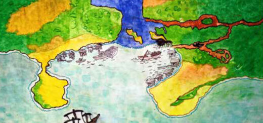 Dibujo de un gran barco que llega a una bahía donde están ancladas canoas y donde hay una comunidad indígena, con casas sobre pilotes.