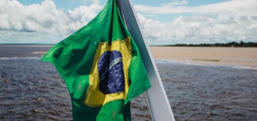 Bandeira do Brasil balançando ao vento em uma praia em um dia ensolarado.