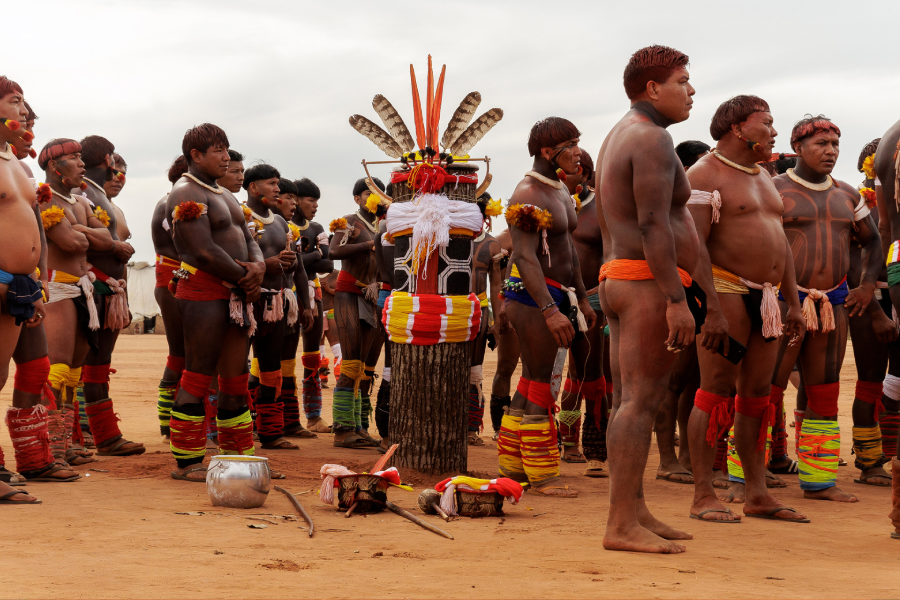O Kuarup, nome dado ao tronco que representa os mortos, aqui aparece decorado para o ritual. Foto: Diego Baravelli/SUMAÚMA