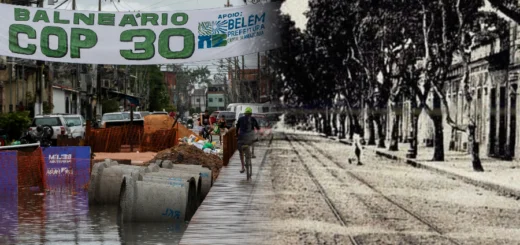 Rua alagada em Belém e Avenida Generalíssimo Deodoro e seus sistemas de bondes elétricos, início do século XX Fotos: Oswaldo Forte/Amazônia Latitude; Autor desconhecido/Domínio Público.