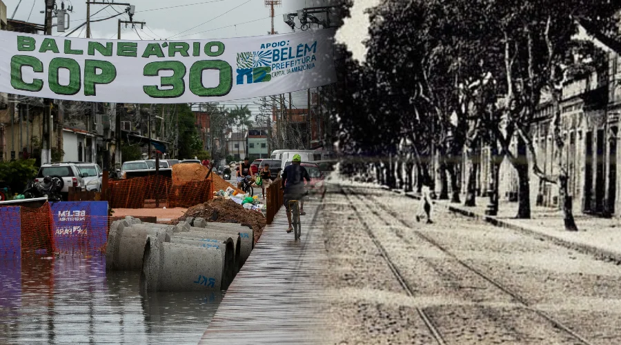 Rua alagada em Belém e Avenida Generalíssimo Deodoro e seus sistemas de bondes elétricos, início do século XX Fotos: Oswaldo Forte/Amazônia Latitude; Autor desconhecido/Domínio Público.