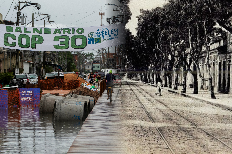 Rua alagada em Belém e Avenida Generalíssimo Deodoro e seus sistemas de bondes elétricos, início do século XX Fotos: Oswaldo Forte/Amazônia Latitude; Autor desconhecido/Domínio Público.