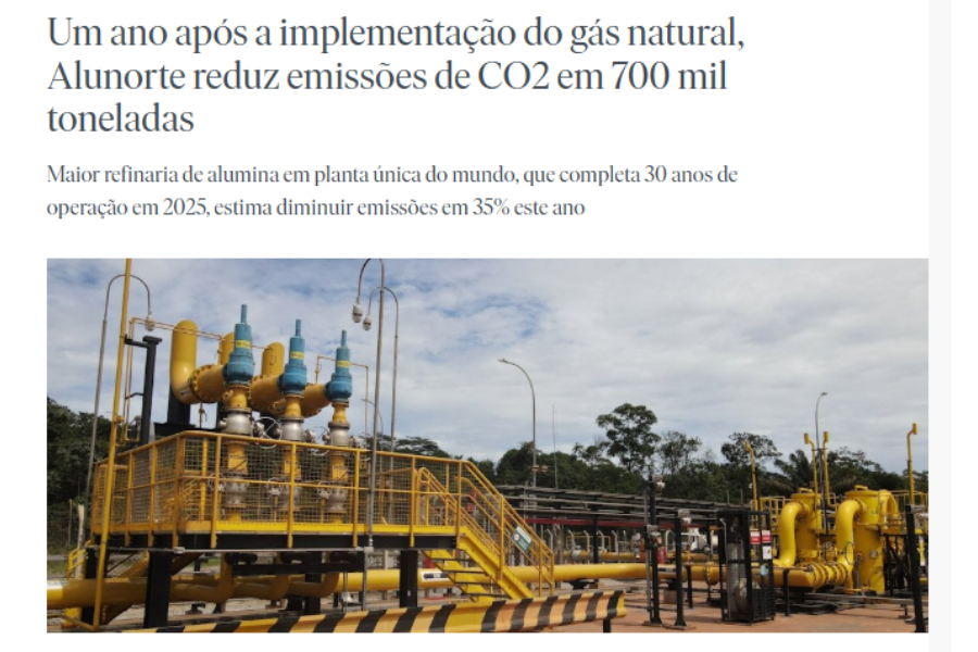 Notícia sobre a redução nas emissões de CO2 da Alunorte. Fonte: Reprodução/Site Hydro