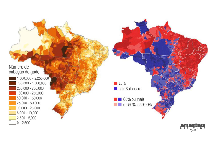 A expansão da pecuária e o bolsonarismo. Fonte: ABIEC (2020) e VEJA O RESULTADO... (2022). Crédito: Amazônia Latitude Press.