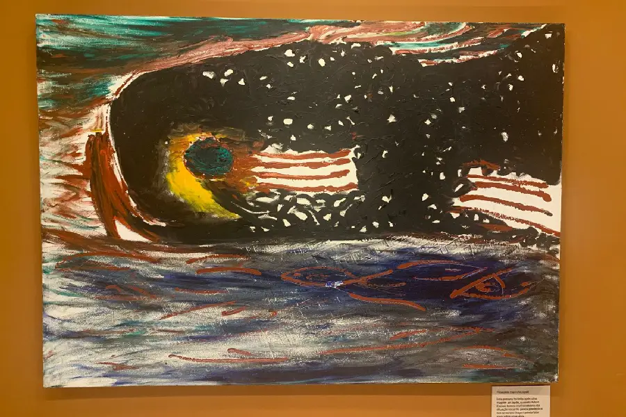 Pintura feita após uma viagem ao Japão, quando Ailton Krenak tomou conhecimento da situação local da pesca predatória nos oceanos. Acervo: Maíra Pappiani Lacerda