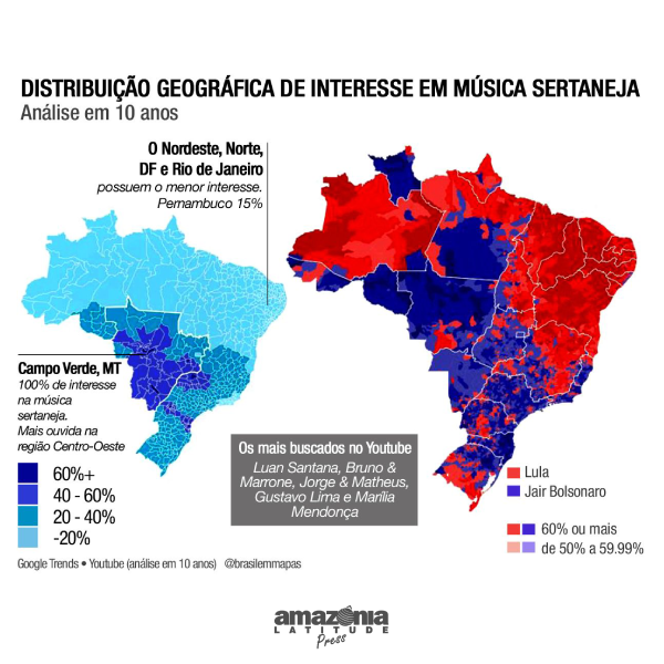 Distribuição geográfica do interesse pelamúsica sertaneja e o mapa do segundo turno das eleições 2022. Fonte: Brasil em Mapas (2021) e VEJA O RESULTADO... (2022). Crédito: Amazônia Latitude Press.