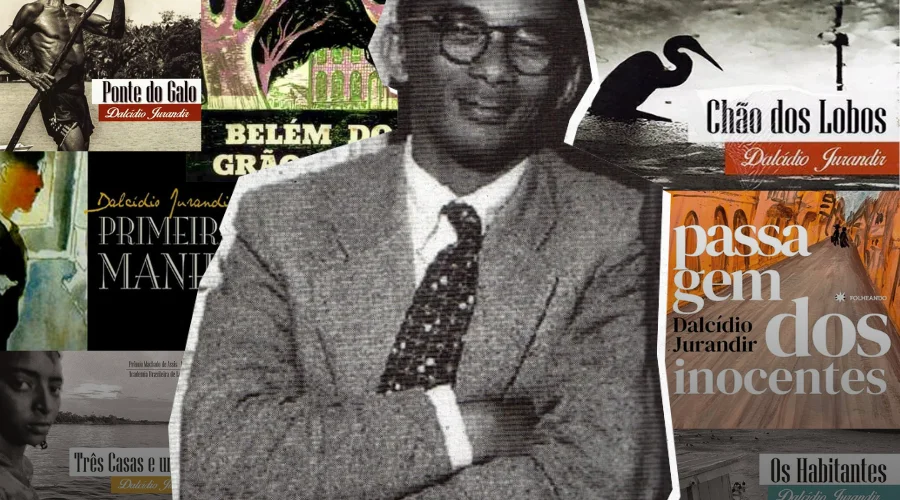 Dalcídio Jurandir teve sua obra recentemente reconhecida como patrimônio imaterial paraense. Arte: Isabela Leite. Crédito: CMB; Editora Folheando; Editora Parágrafo; Editora Martins; Editora da UEPA.