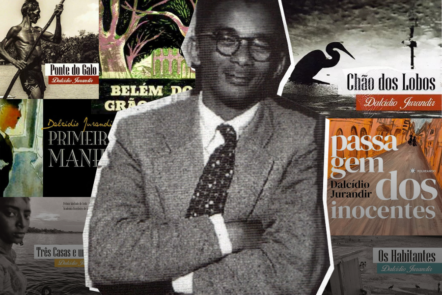 Dalcídio Jurandir teve sua obra recentemente reconhecida como patrimônio imaterial paraense. Arte: Isabela Leite. Crédito: CMB; Editora Folheando; Editora Parágrafo; Editora Martins; Editora da UEPA.