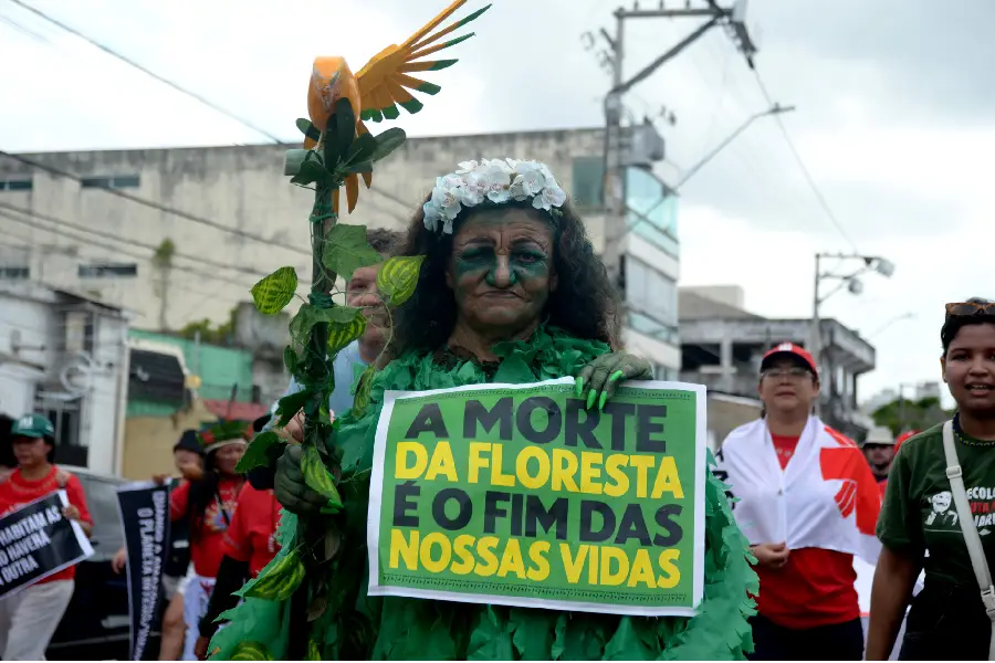 A Voz da Floresta: Manifestante incorpora a mãe-natureza em luto, segurando um cartaz que resume a urgência do protesto: "A morte da floresta é o fim das nossas vidas". Foto: Isabela Leite/Amazônia Latitude.