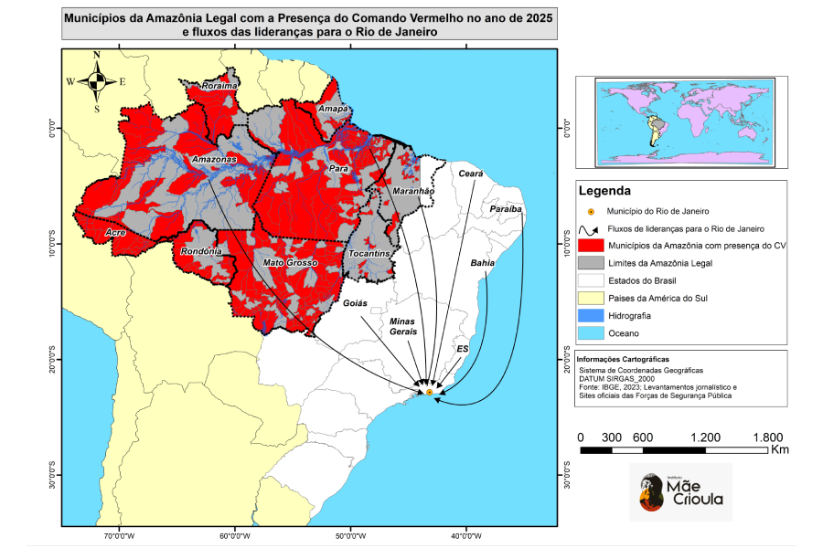 Mapa 2 – Municípios da Amazônia Legal com a presença do Comando Vermelho (2025). Fonte: Acervo IMC (2025).