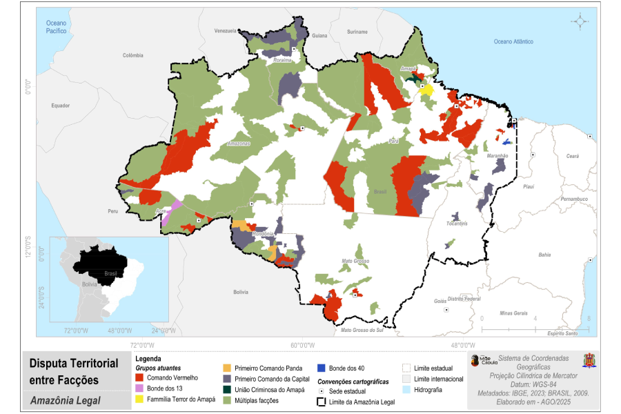 Mapa 1 – Distribuição espacial de facções criminosas em municípios da Amazônia Legal (2024). Fonte: Acervo IMC (2024).