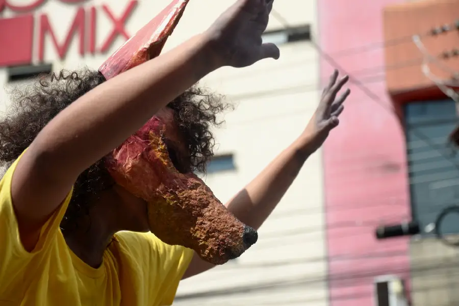 Em Belém, a manifestação política se funde com a expressão cultural. O uso de máscaras e fantasias criativas enfatiza o apelo pela defesa da fauna e da floresta na Marcha dos Povos. Foto: Isabela Leite/Amazônia Latitude.
