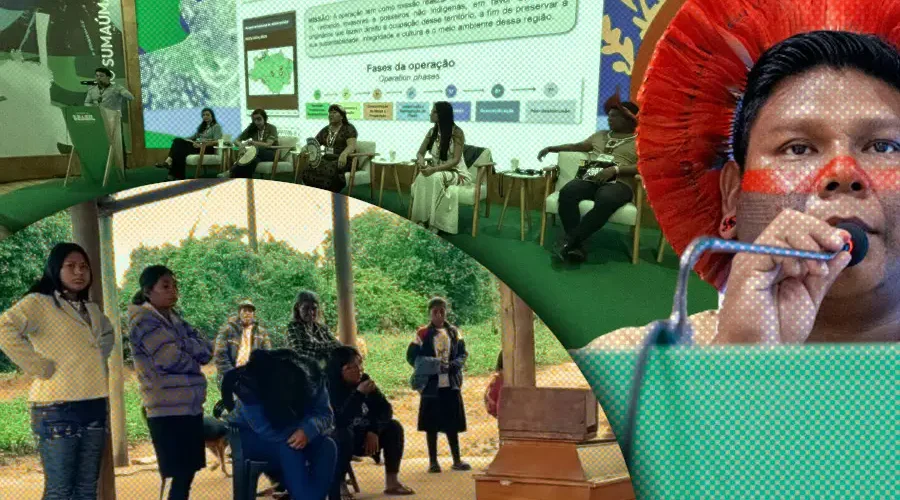 Enquanto líderes e autoridades debatiam a proteção territorial na COP30, o luto pela morte de Vicente Fernandes Vilhalva (Guarani Kaiowá) reforçava a urgência de uma política de desintrusão permanente. Imagem: Fabrício Vinhas/Amazônia Latitude.