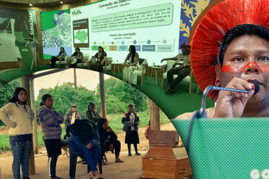 Enquanto líderes e autoridades debatiam a proteção territorial na COP30, o luto pela morte de Vicente Fernandes Vilhalva (Guarani Kaiowá) reforçava a urgência de uma política de desintrusão permanente. Imagem: Fabrício Vinhas/Amazônia Latitude.