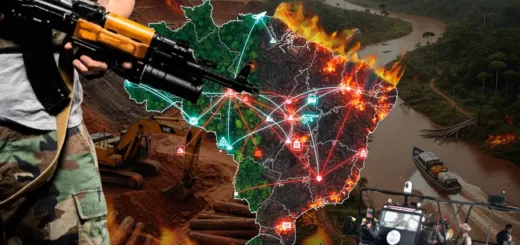 Facções criminosas tecem redes de narcotráfico e crimes ambientais, transformando a Amazônia em palco de uma complexa disputa por poder e território. Arte: Fabrício Vinhas.