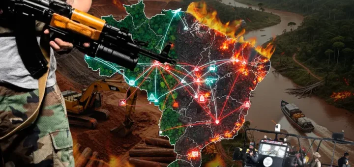 Facções criminosas tecem redes de narcotráfico e crimes ambientais, transformando a Amazônia em palco de uma complexa disputa por poder e território. Arte: Fabrício Vinhas.
