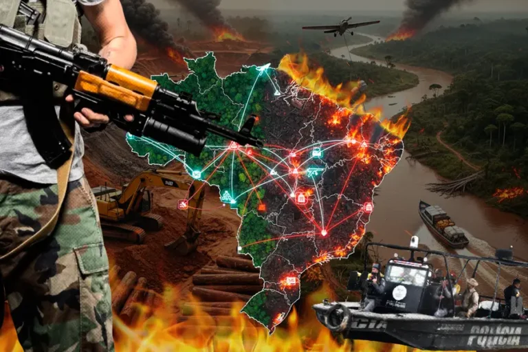Facções criminosas tecem redes de narcotráfico e crimes ambientais, transformando a Amazônia em palco de uma complexa disputa por poder e território. Arte: Fabrício Vinhas.