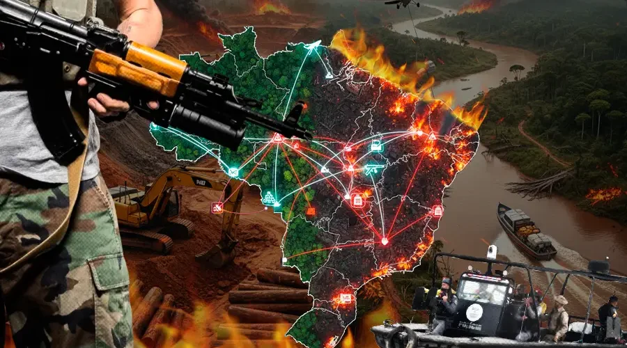 Facções criminosas tecem redes de narcotráfico e crimes ambientais, transformando a Amazônia em palco de uma complexa disputa por poder e território. Arte: Fabrício Vinhas.