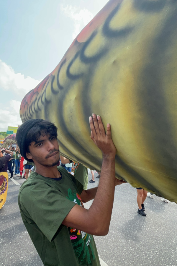 Manifestantes carregam parte da escultura de cobra de trinta metros, construída por 16 artistas de Santarém. O símbolo animal foi usado para levar a mensagem de "Financiamento direto para quem cuida da floresta" à Marcha. Foto: Alice Palmeira.