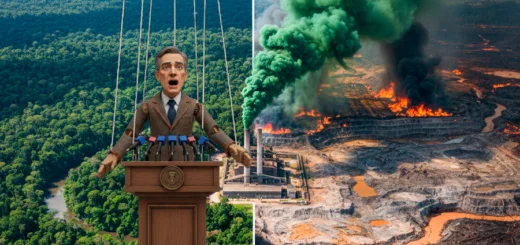 É notável a contradição no debate da COP 30 - uma Conferência voltada a proteger o clima, recuperar e "salvar o planeta" - quando os principais agentes poluidores e destruidores são justamente aqueles que cometem verdadeiros crimes ambientais e têm voz nas salas de negociação. Arte: Fabrício Vinhas/Amazônia Latitude.