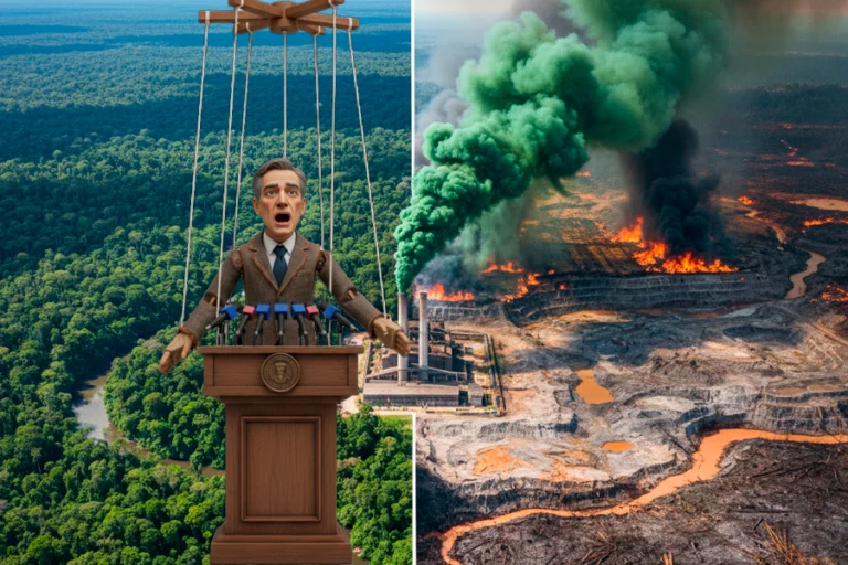 É notável a contradição no debate da COP 30 - uma Conferência voltada a proteger o clima, recuperar e "salvar o planeta" - quando os principais agentes poluidores e destruidores são justamente aqueles que cometem verdadeiros crimes ambientais e têm voz nas salas de negociação. Arte: Fabrício Vinhas/Amazônia Latitude.